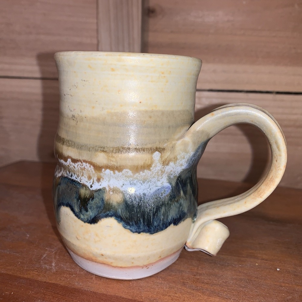 Vtg Hand Thrown‎ Stoneware Studio Art Pottery Coffee Mug Ribboned Handle Signed